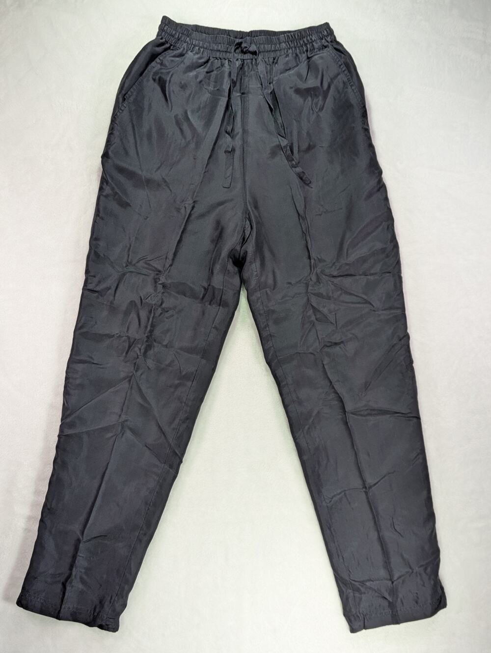 Vintage 80s Black Silk Track Pants Womens S Straight Leg